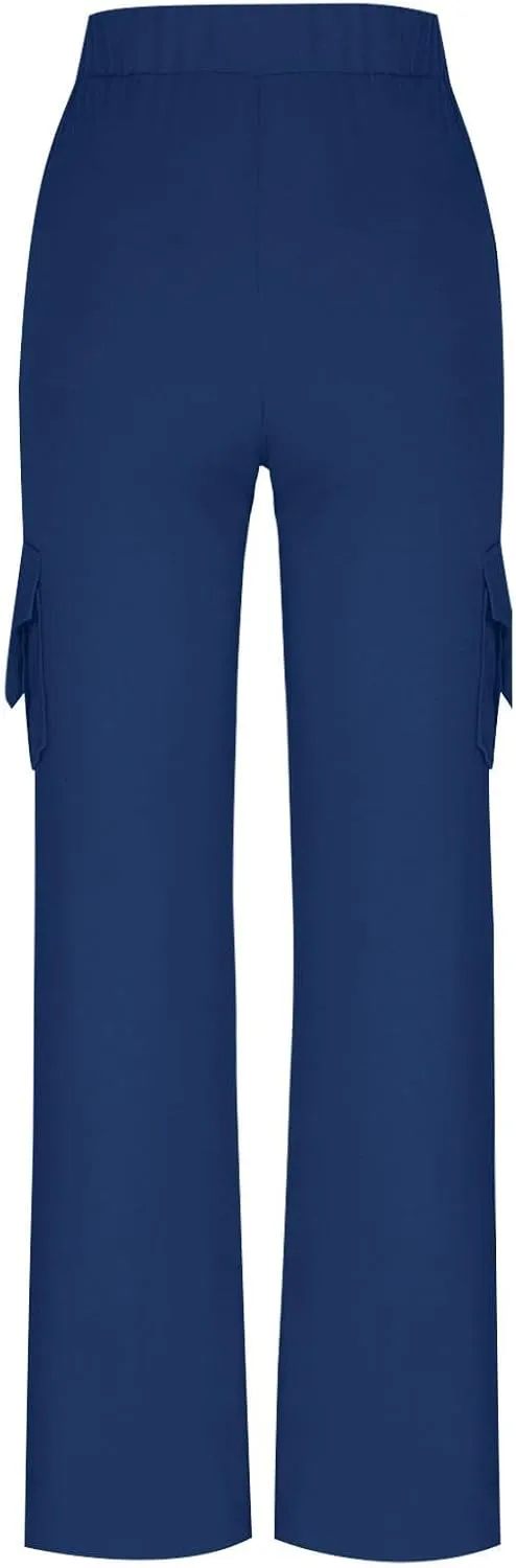 Ruziyoog Womens Cargo Pants Drawstring Waist Loose Fit Flare Trousers with Pockets Casual Lounge Wear Sweatpants