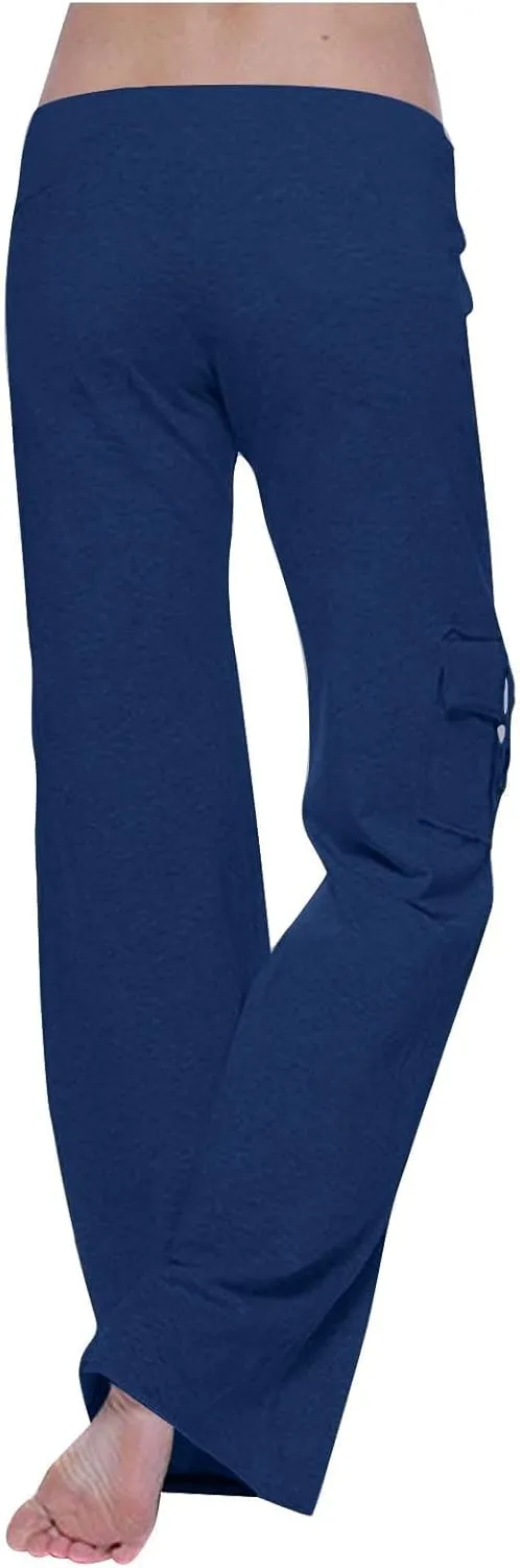 Ruziyoog Womens Cargo Pants Drawstring Waist Loose Fit Flare Trousers with Pockets Casual Lounge Wear Sweatpants