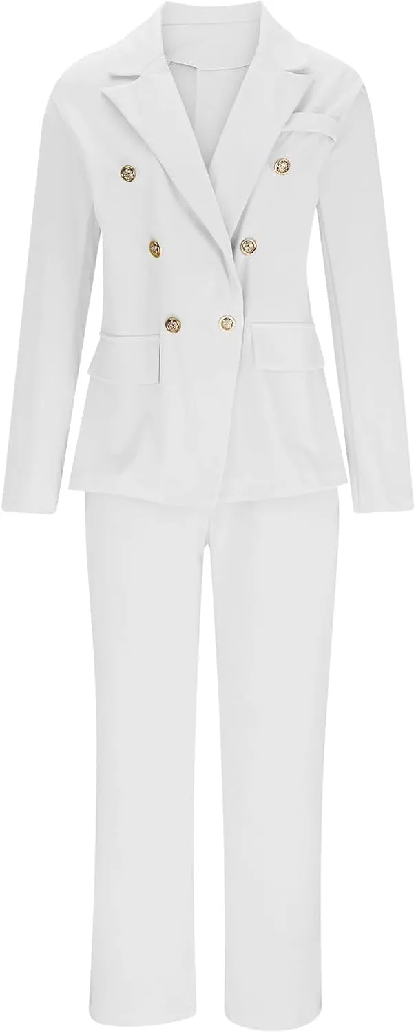 SACFOF 2 Piece Outfits for Women Long Sleeve Solid Color Blazer with Pants Casual Elegant Work Office Suit Sets