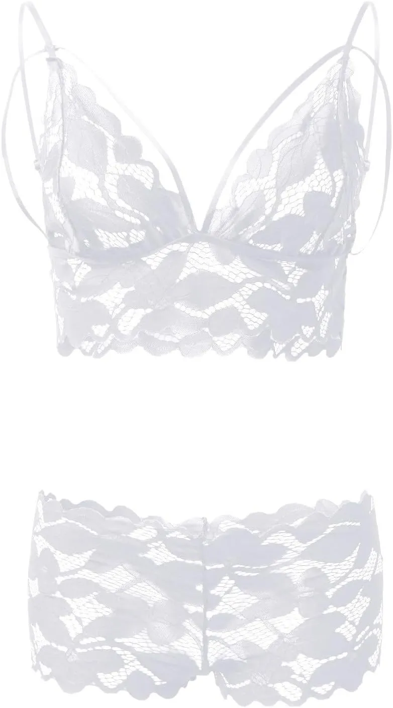 Sexy Floral Embroidered Lace Lingerie for Women No Underwire Bralette and Panty Mesh Sheer Patchwork Sexy Lingerie
