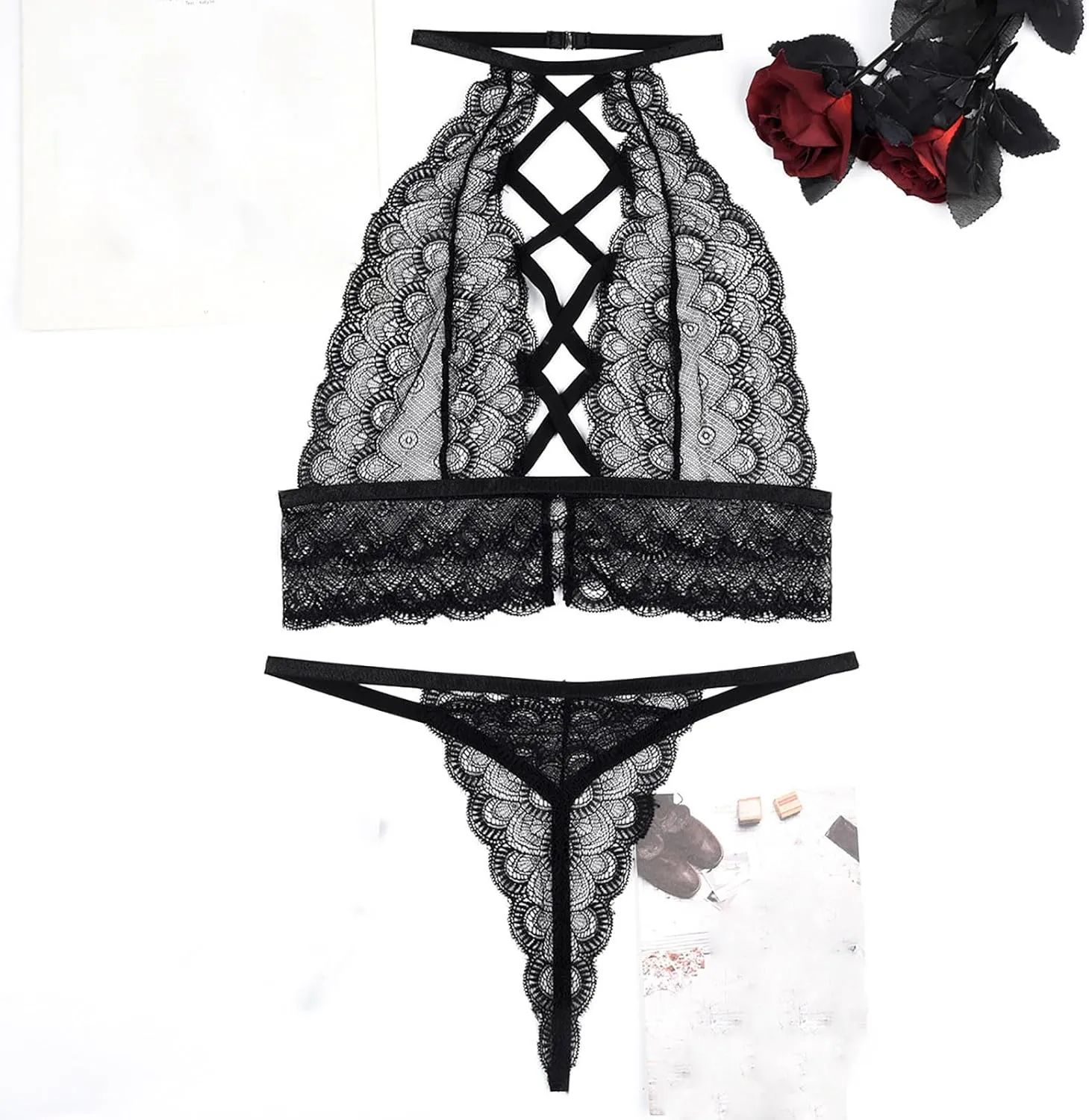 Sexy Lingerie for Women Eyelash Lace Mesh Matching Bra and Panty Sets Push Up Lace Bralette 2 Piece Lingerie Set