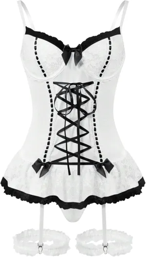 Sexy Rave Mesh Corset Ruffle Lace Up Underwire Sheer Garter Belt Babydoll Lingerie Set With Thong 3 Piece Women