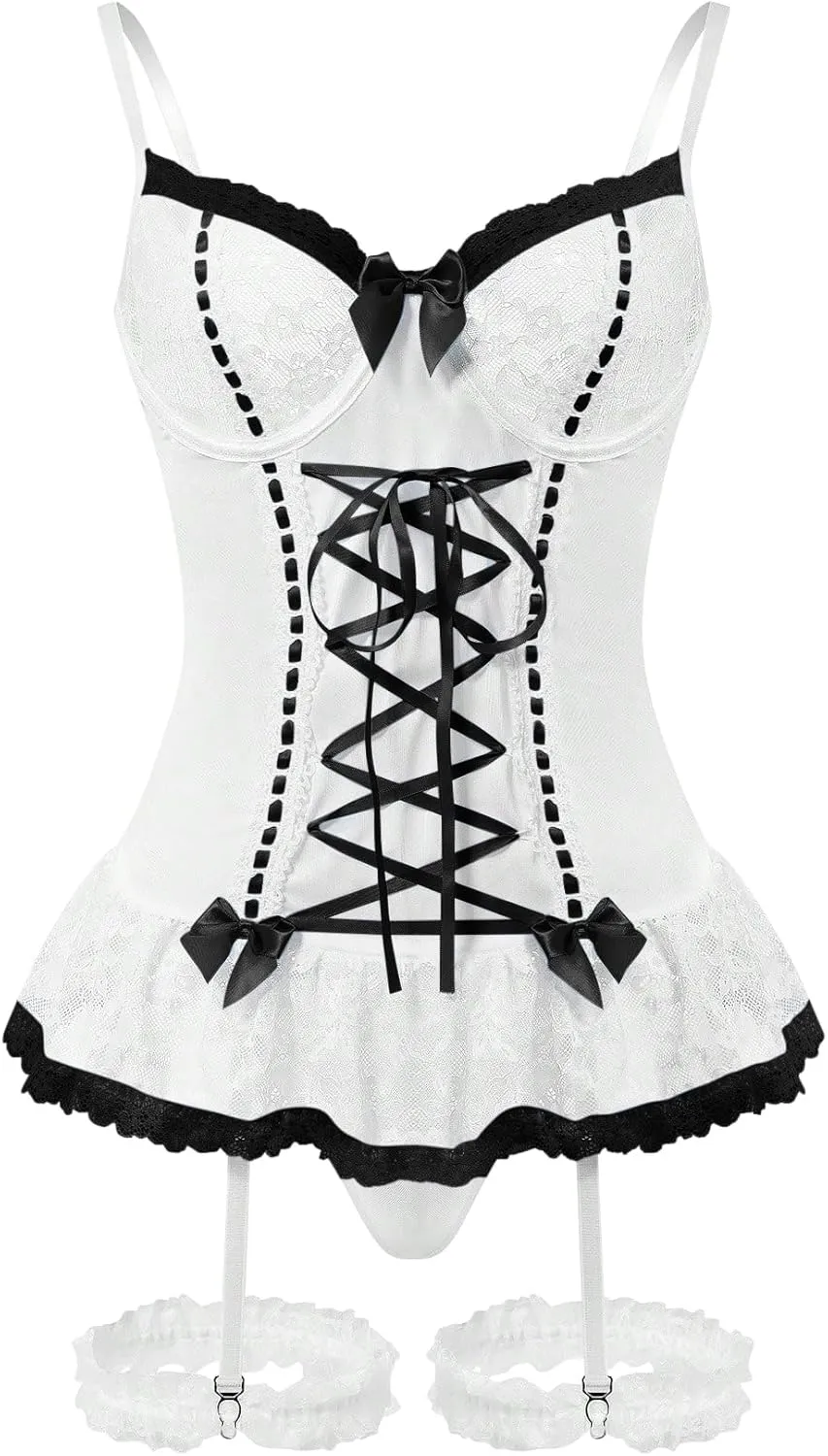 Sexy Rave Mesh Corset Ruffle Lace Up Underwire Sheer Garter Belt Babydoll Lingerie Set With Thong 3 Piece Women