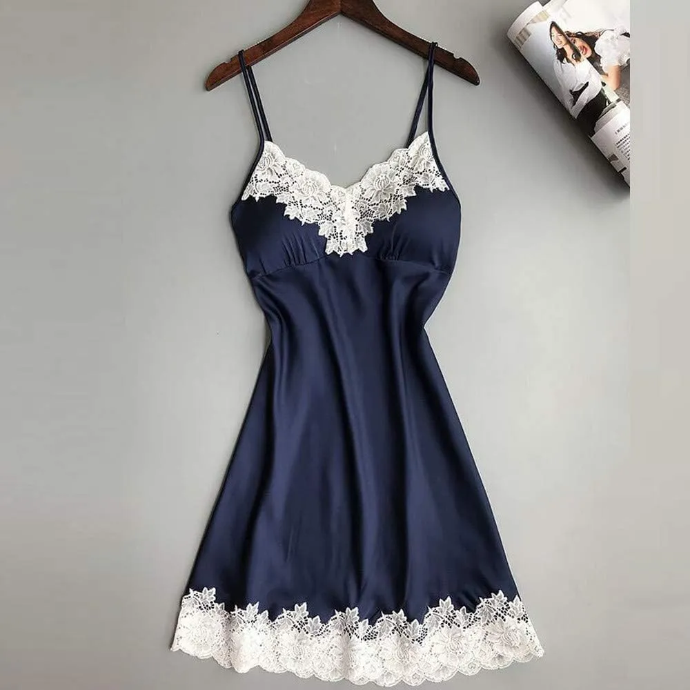 Sexy Satin Lace Embroidered Nightgown for Women Smooth Chemise Deep V Neck Mini Dress Babydoll Sleepwear Boudoir Outfit