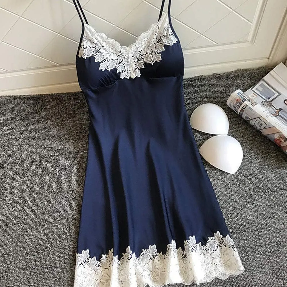 Sexy Satin Lace Embroidered Nightgown for Women Smooth Chemise Deep V Neck Mini Dress Babydoll Sleepwear Boudoir Outfit