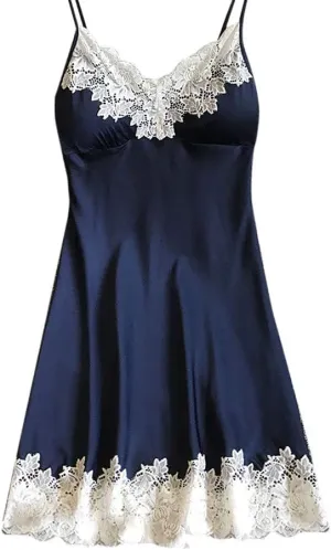 Sexy Satin Lace Embroidered Nightgown for Women Smooth Chemise Deep V Neck Mini Dress Babydoll Sleepwear Boudoir Outfit