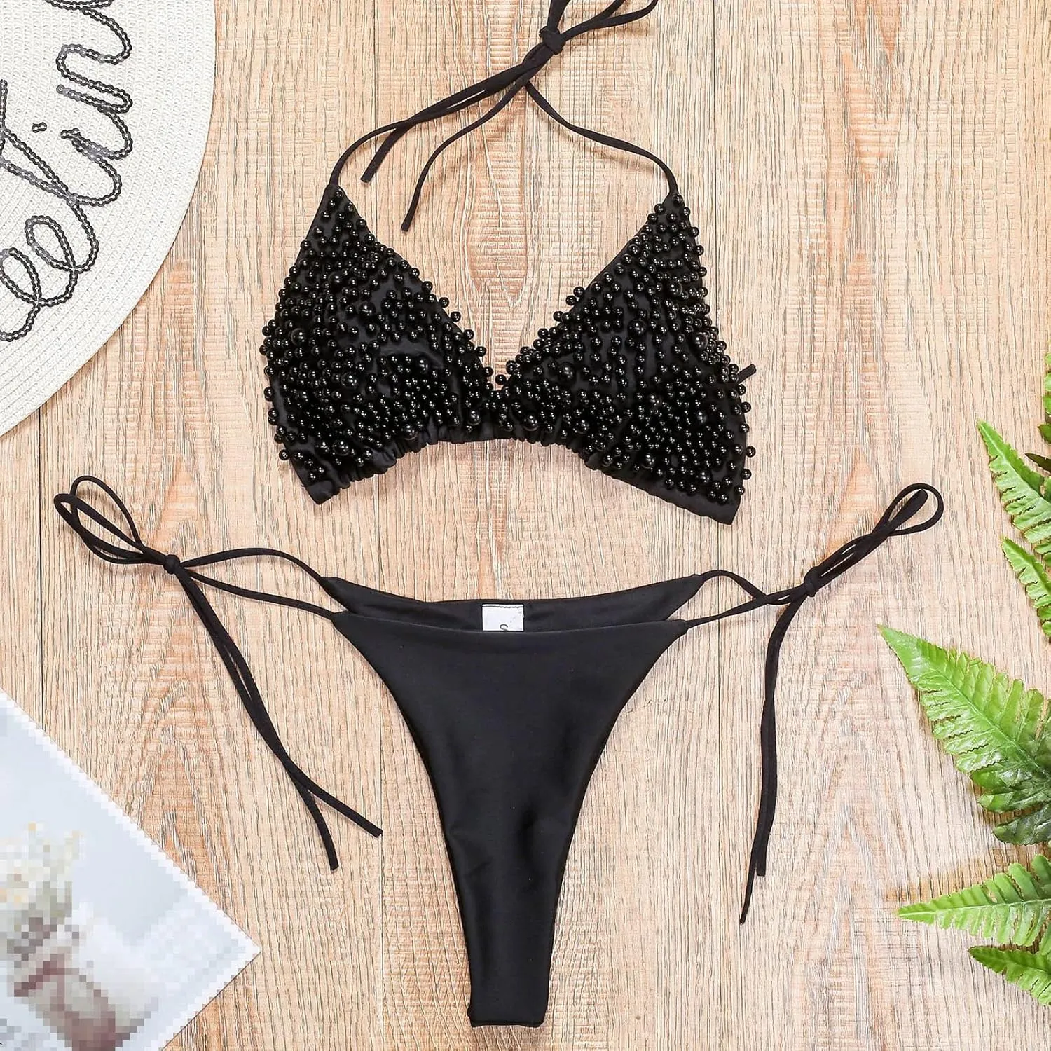 Sexy Sequins 2PCS Bikini Set Tankini Spaghetti Strapy Bra Swimsuit Lace Top Side Tie String Praty Thong Swimwear