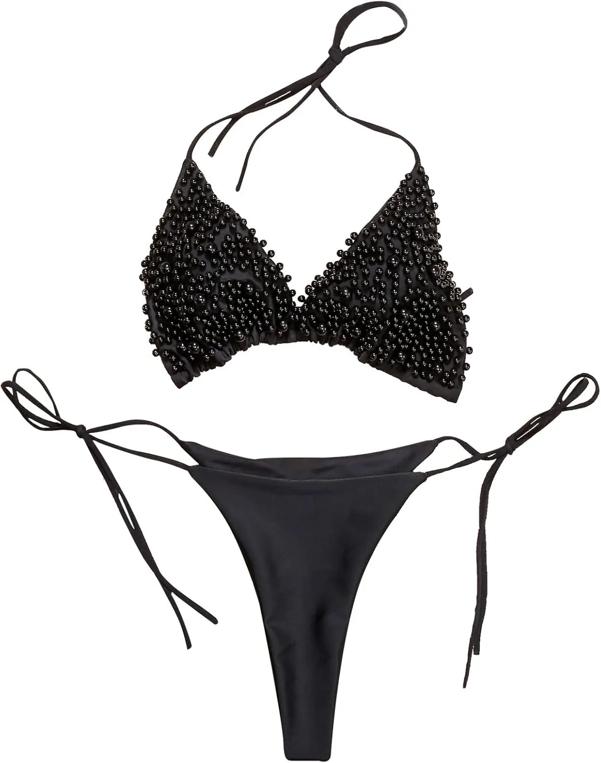 Sexy Sequins 2PCS Bikini Set Tankini Spaghetti Strapy Bra Swimsuit Lace Top Side Tie String Praty Thong Swimwear