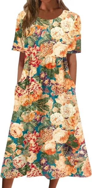 SGASY Women Short Sleeve Dress 2024 Spring Summer Loose Floral Casual Summer Flowy Tiered Long Maxi Dresses with Pockets