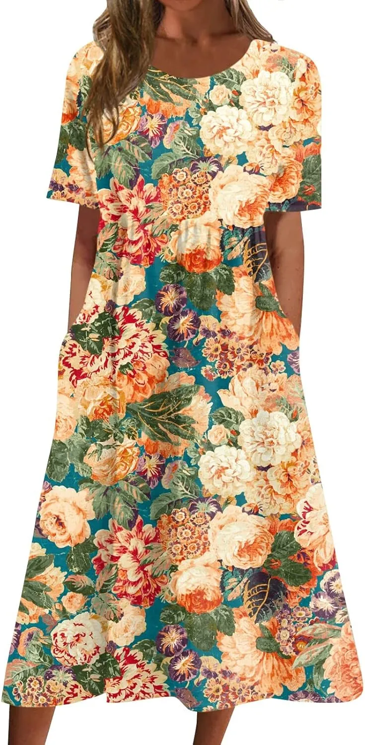SGASY Women Short Sleeve Dress 2024 Spring Summer Loose Floral Casual Summer Flowy Tiered Long Maxi Dresses with Pockets