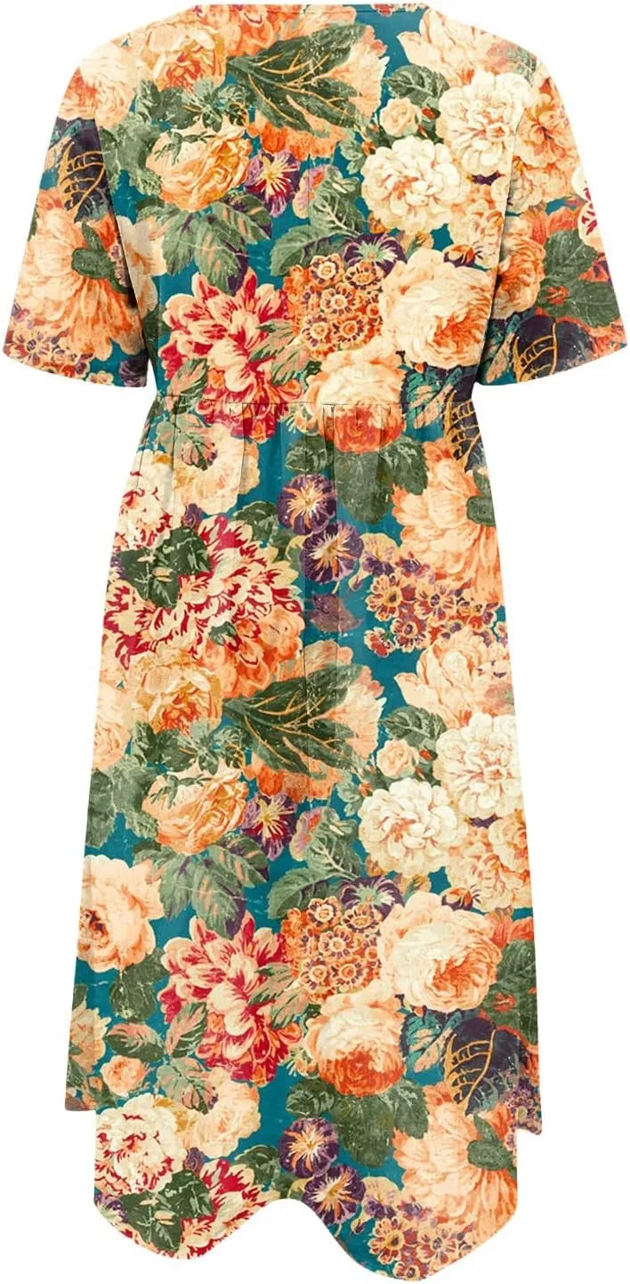 SGASY Women Short Sleeve Dress 2024 Spring Summer Loose Floral Casual Summer Flowy Tiered Long Maxi Dresses with Pockets