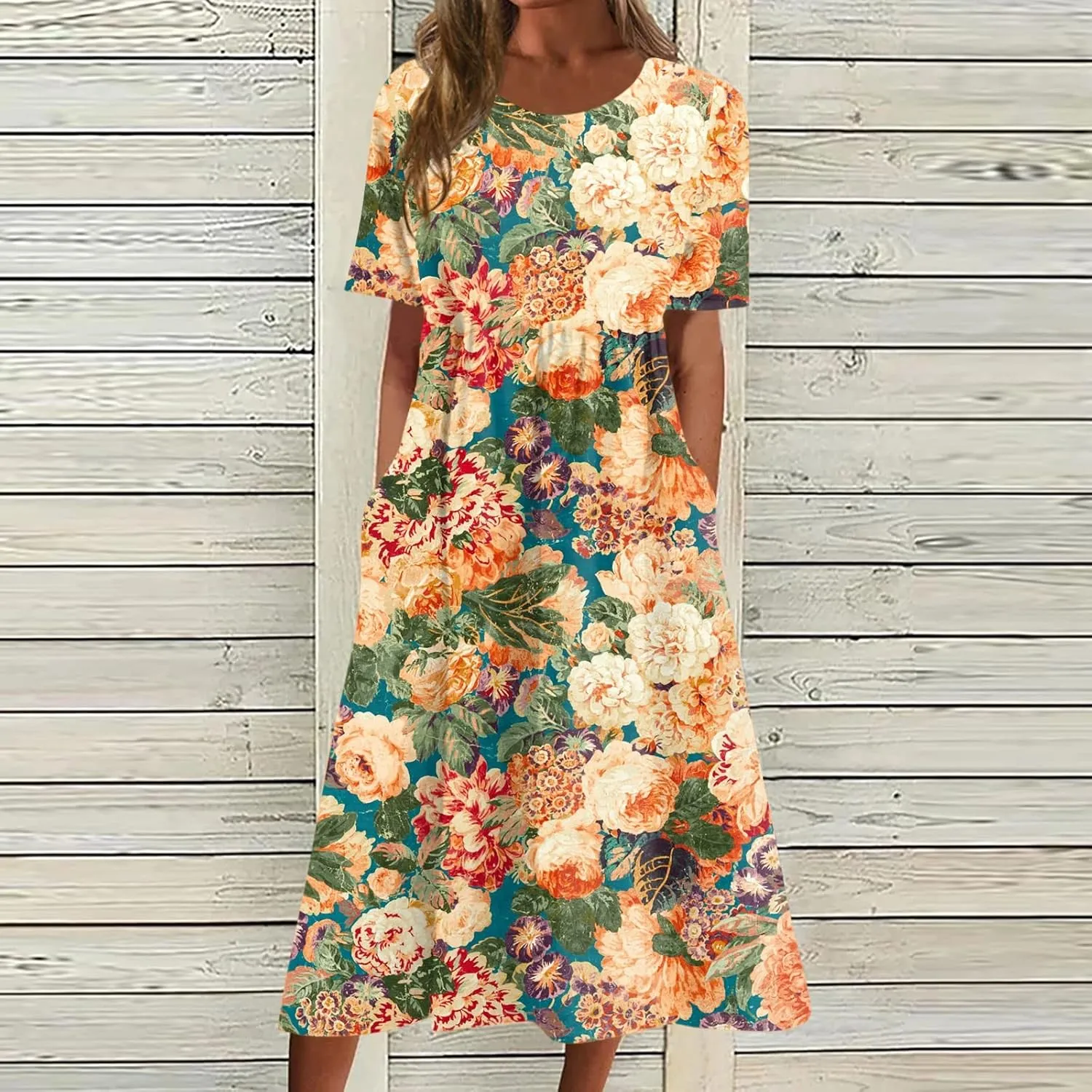 SGASY Women Short Sleeve Dress 2024 Spring Summer Loose Floral Casual Summer Flowy Tiered Long Maxi Dresses with Pockets