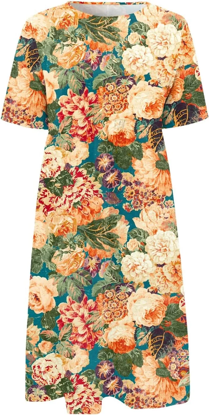 SGASY Women Short Sleeve Dress 2024 Spring Summer Loose Floral Casual Summer Flowy Tiered Long Maxi Dresses with Pockets