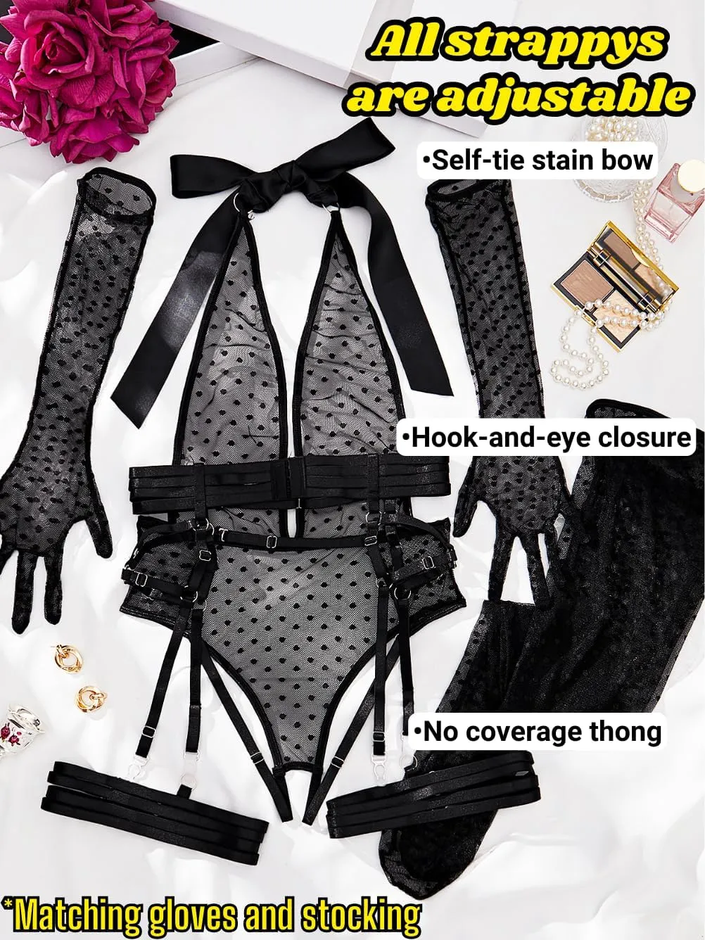 Sheer Mesh Bodysuit, Exotic Wear Dancer, Sexy Lingerie 5 PC For Women Thigh High Stockings Garter Belt Dancewear