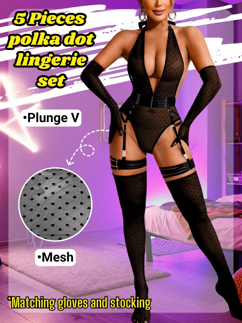 Sheer Mesh Bodysuit, Exotic Wear Dancer, Sexy Lingerie 5 PC For Women Thigh High Stockings Garter Belt Dancewear
