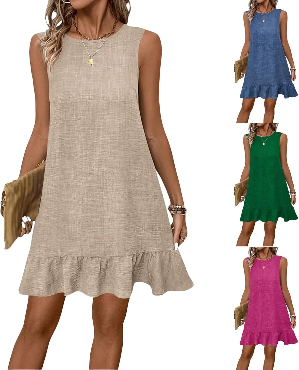 Short Dresses for Women Casual Summer Mini Dress Round Neck Ruffle Smock Business Dresses Tie Backless Sundress Trendy