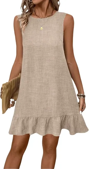 Short Dresses for Women Casual Summer Mini Dress Round Neck Ruffle Smock Business Dresses Tie Backless Sundress Trendy