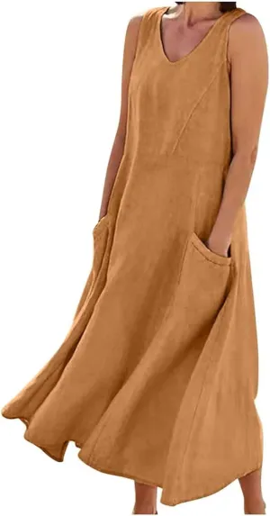Sleeveless A-Line Dress Women's Summer Casual Sleeveless Long Maxi Beach Dress Cotton Knit Dress Women's Cotton