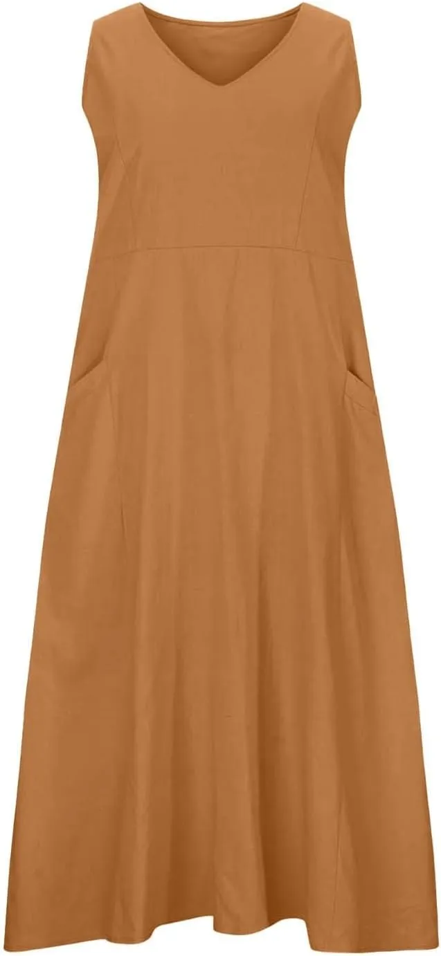 Sleeveless A-Line Dress Women's Summer Casual Sleeveless Long Maxi Beach Dress Cotton Knit Dress Women's Cotton
