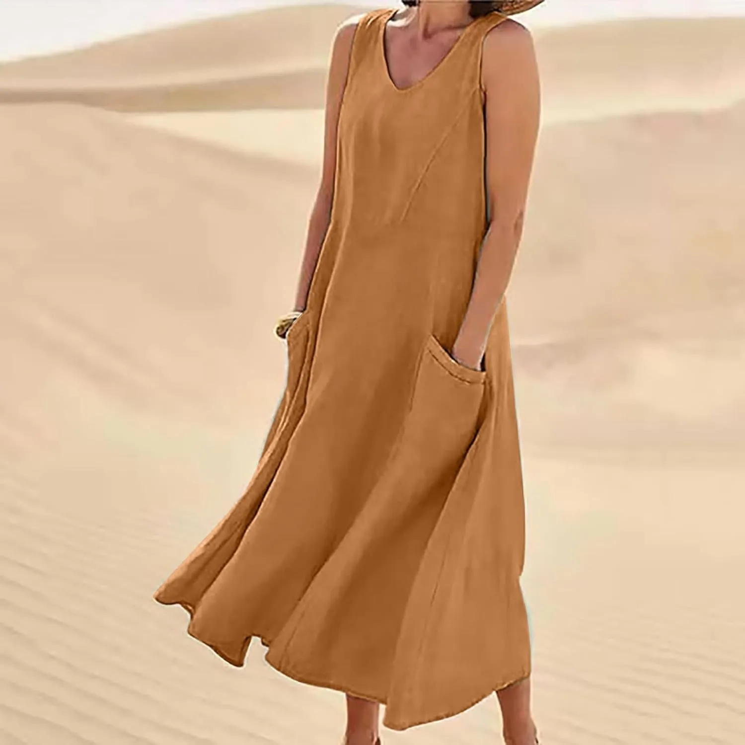 Sleeveless A-Line Dress Women's Summer Casual Sleeveless Long Maxi Beach Dress Cotton Knit Dress Women's Cotton