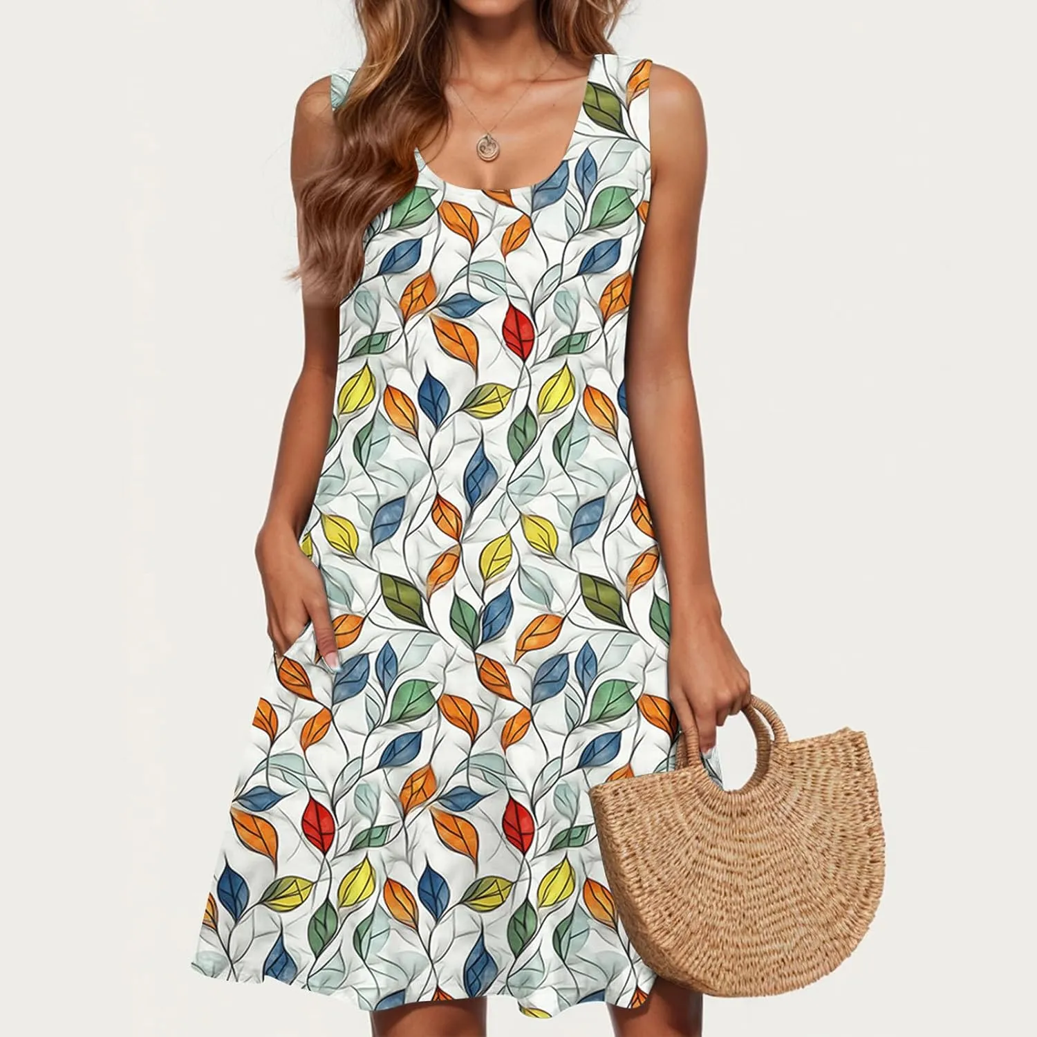Sleeveless A-Line Sundress for Women V-Neck Casual Summer Mini Dress with Pockets Lightweight Flowy Dresses