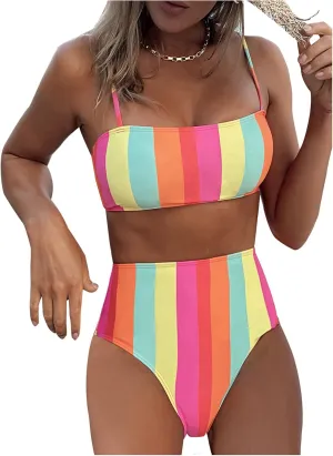 SOLY HUX Women's Bathing Suits Striped Spaghetti Strap High Waisted Bikini Sets Two Piece Swimsuit