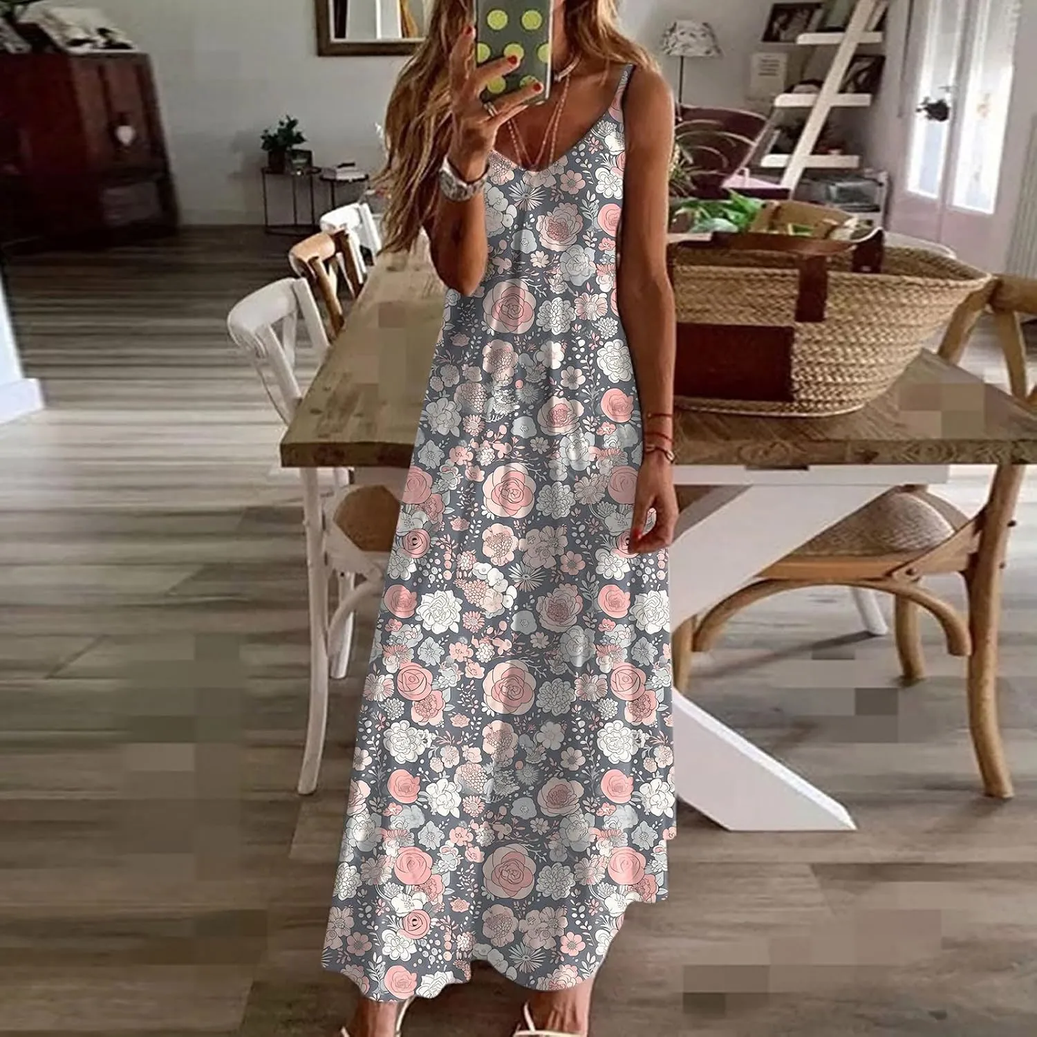 Summer Bohemian Dresses for Women 2024 Sexy Floral Slip Dress Trendy V Neck Maxi Dress Casual Summer Beach Vacation Outfits