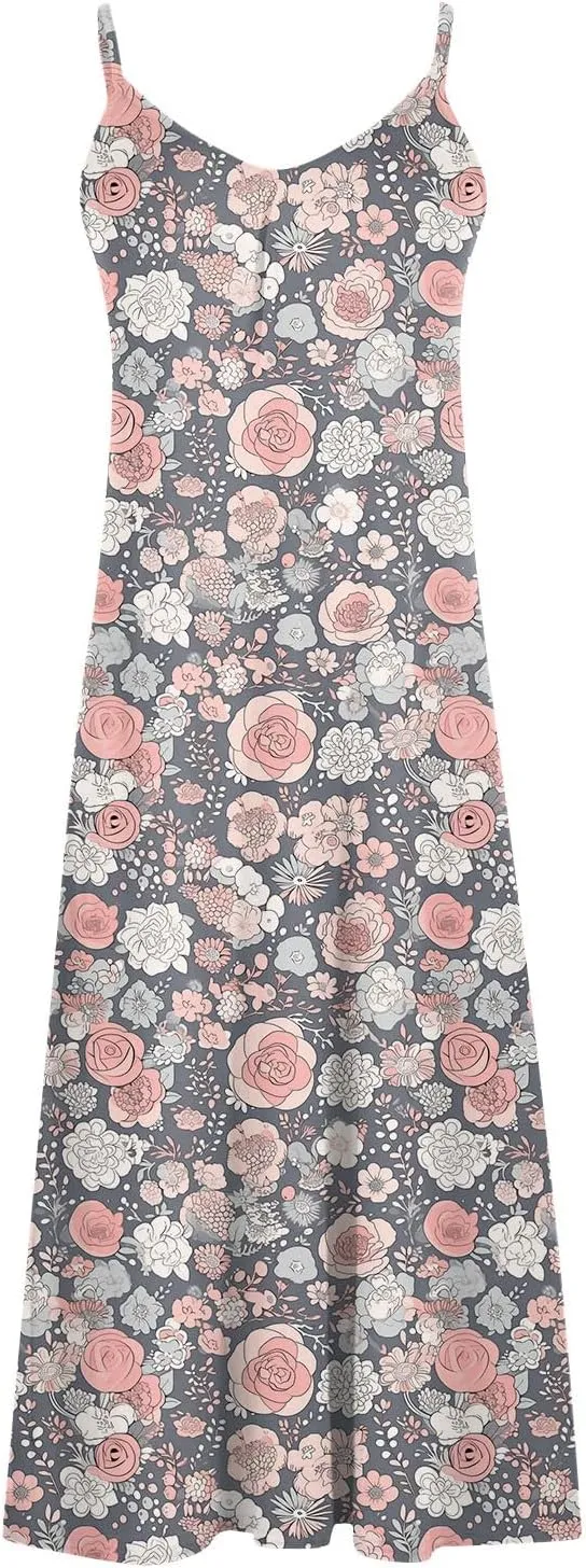 Summer Bohemian Dresses for Women 2024 Sexy Floral Slip Dress Trendy V Neck Maxi Dress Casual Summer Beach Vacation Outfits