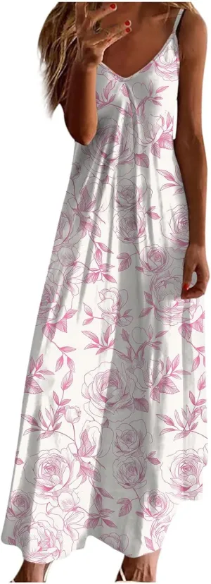 Summer Bohemian Dresses for Women 2024 Sexy Floral Slip Dress Trendy V Neck Maxi Dress Casual Summer Beach Vacation Outfits