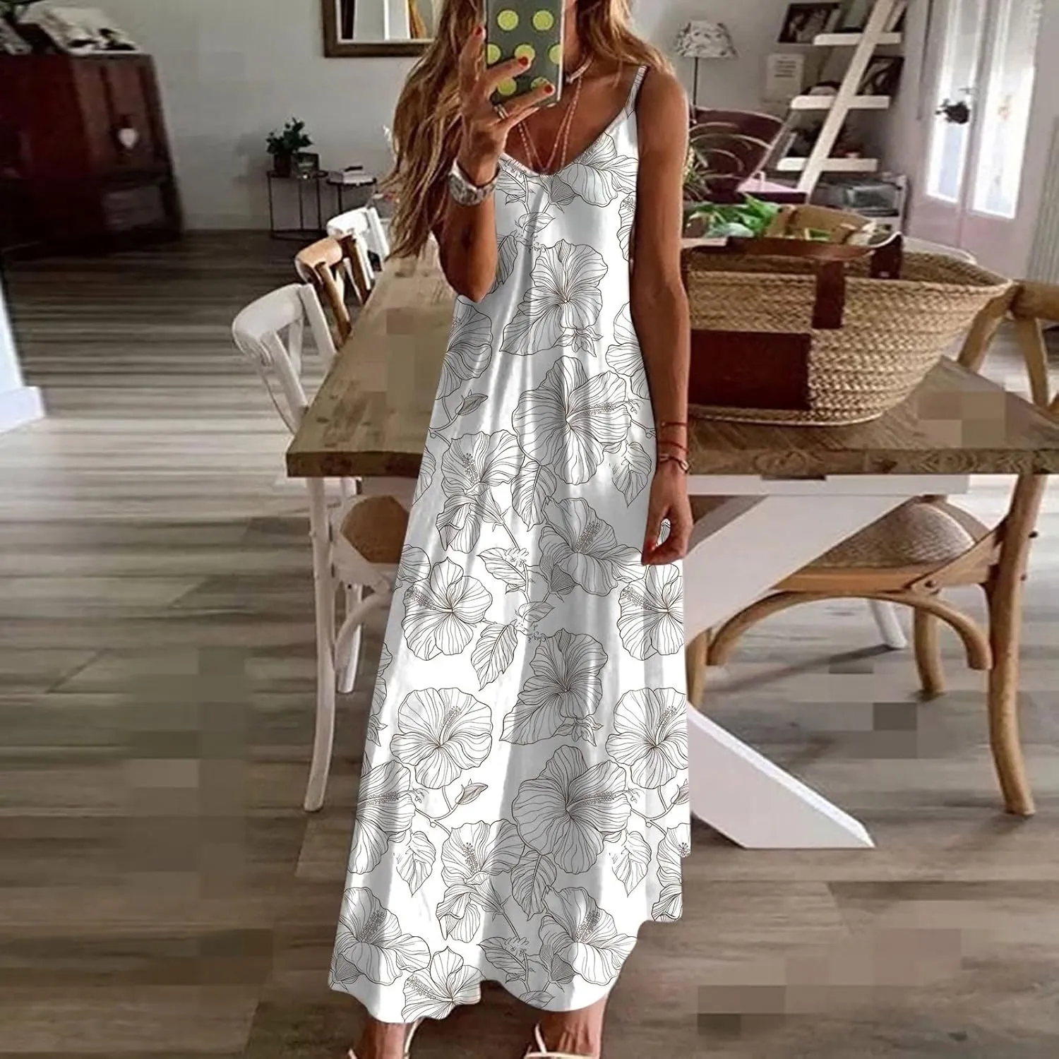 Summer Bohemian Dresses for Women 2024 Sexy Floral Slip Dress Trendy V Neck Maxi Dress Casual Summer Beach Vacation Outfits
