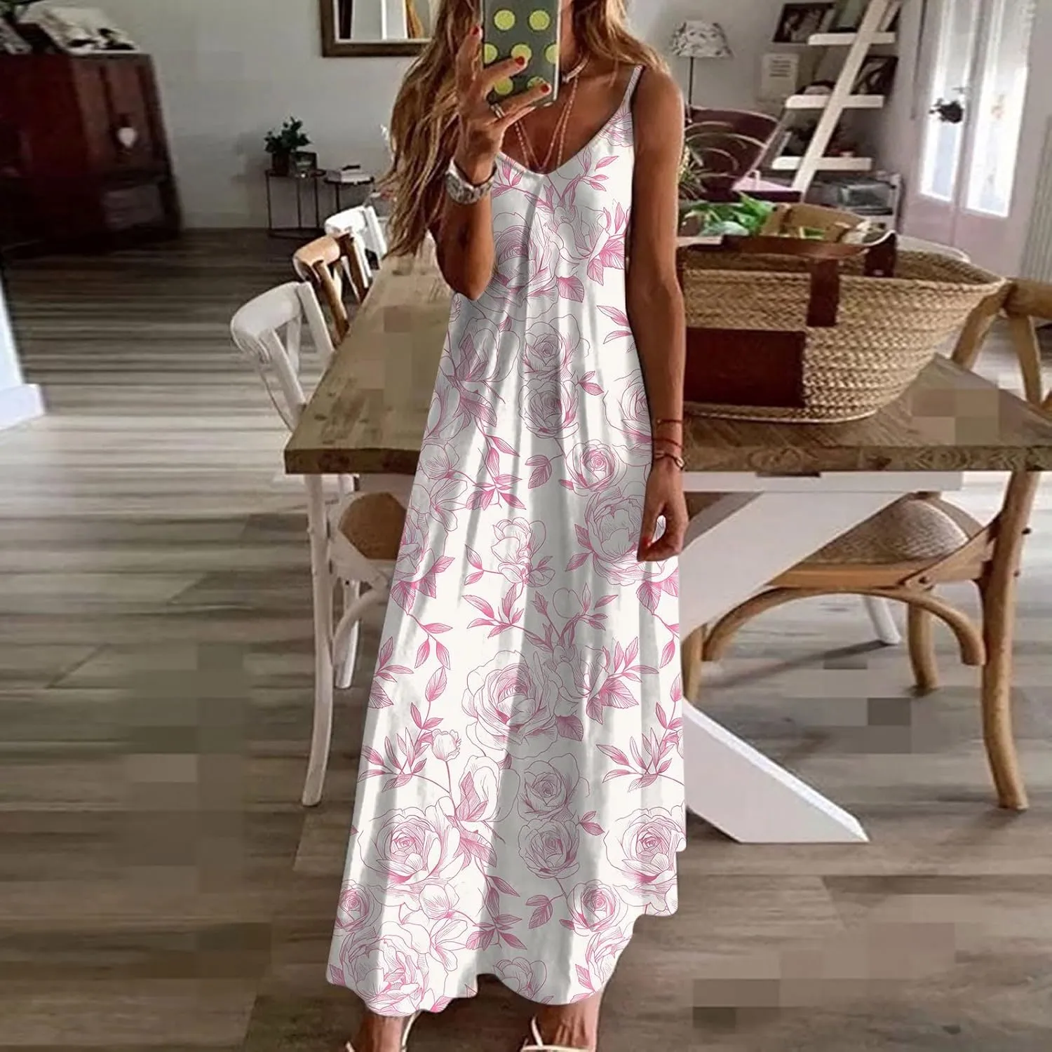 Summer Bohemian Dresses for Women 2024 Sexy Floral Slip Dress Trendy V Neck Maxi Dress Casual Summer Beach Vacation Outfits