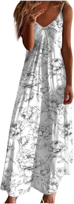 Summer Bohemian Dresses for Women 2024 Sexy Floral Slip Dress Trendy V Neck Maxi Dress Casual Summer Beach Vacation Outfits