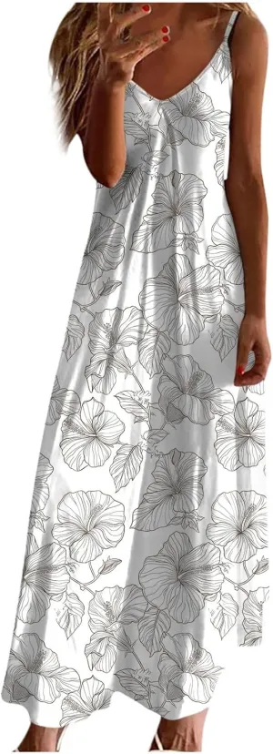 Summer Bohemian Dresses for Women 2024 Sexy Floral Slip Dress Trendy V Neck Maxi Dress Casual Summer Beach Vacation Outfits