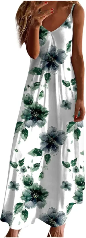 Summer Bohemian Dresses for Women 2024 Sexy Floral Slip Dress Trendy V Neck Maxi Dress Casual Summer Beach Vacation Outfits