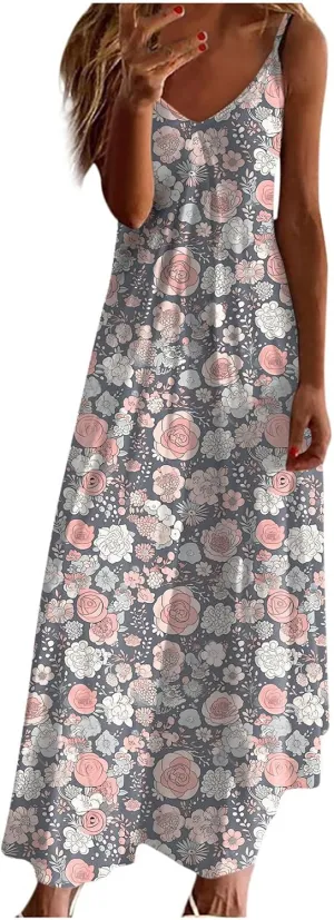 Summer Bohemian Dresses for Women 2024 Sexy Floral Slip Dress Trendy V Neck Maxi Dress Casual Summer Beach Vacation Outfits