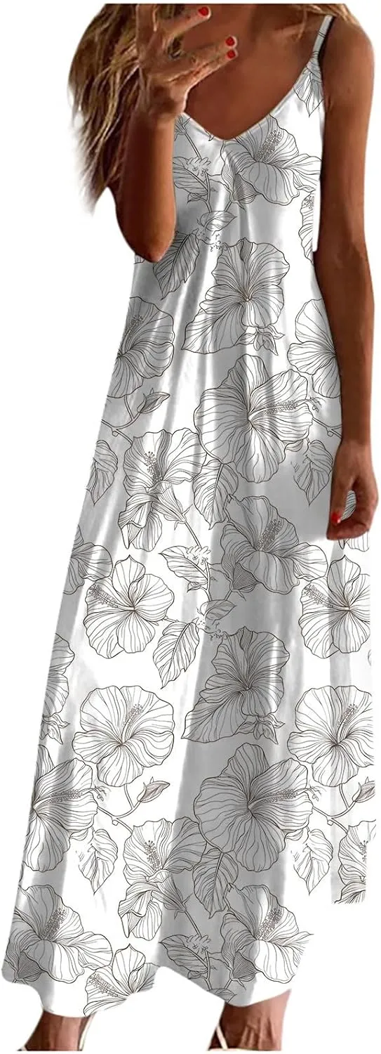 Summer Bohemian Dresses for Women 2024 Sexy Floral Slip Dress Trendy V Neck Maxi Dress Casual Summer Beach Vacation Outfits