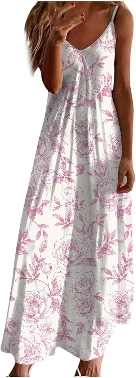 Summer Bohemian Dresses for Women 2024 Sexy Floral Slip Dress Trendy V Neck Maxi Dress Casual Summer Beach Vacation Outfits
