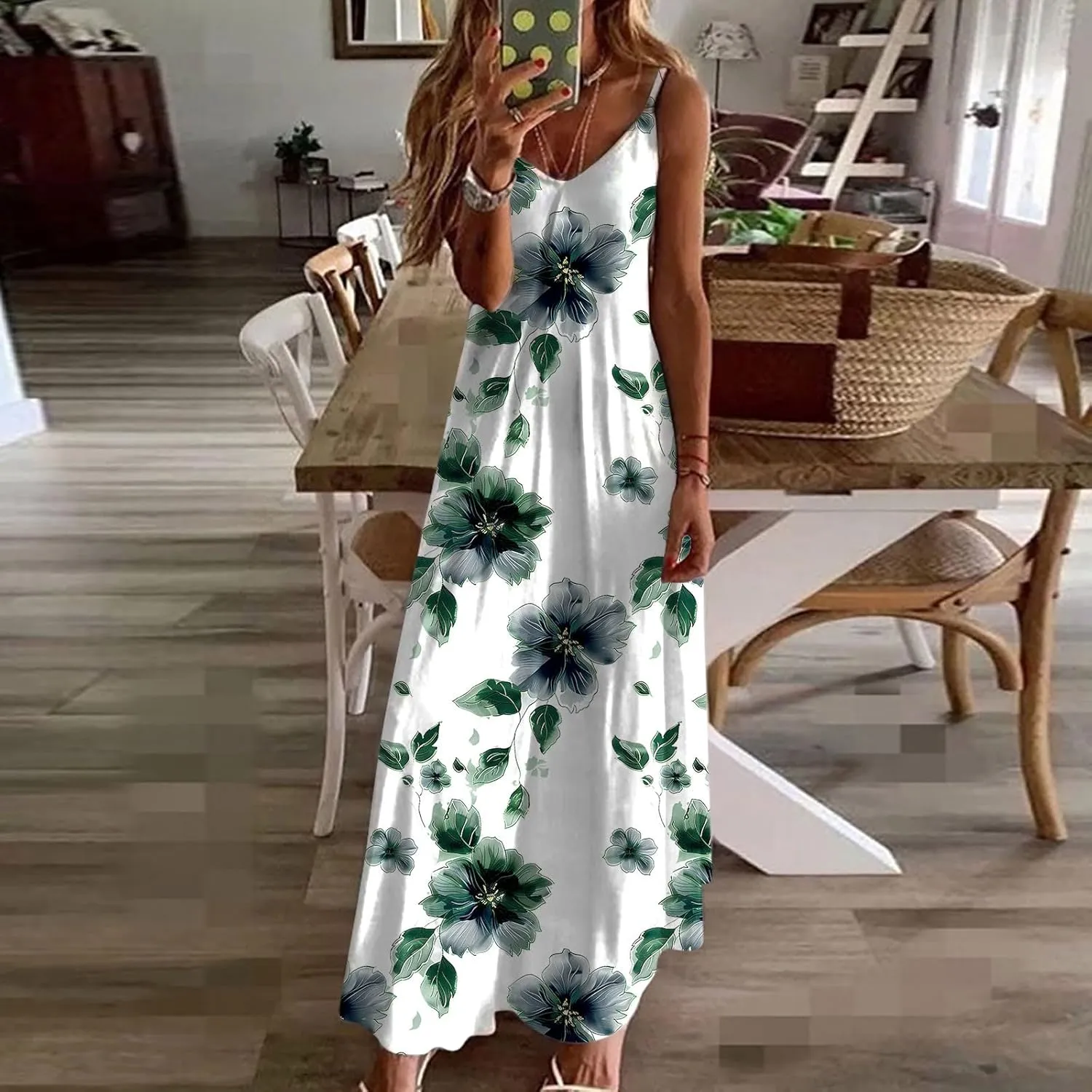 Summer Bohemian Dresses for Women 2024 Sexy Floral Slip Dress Trendy V Neck Maxi Dress Casual Summer Beach Vacation Outfits