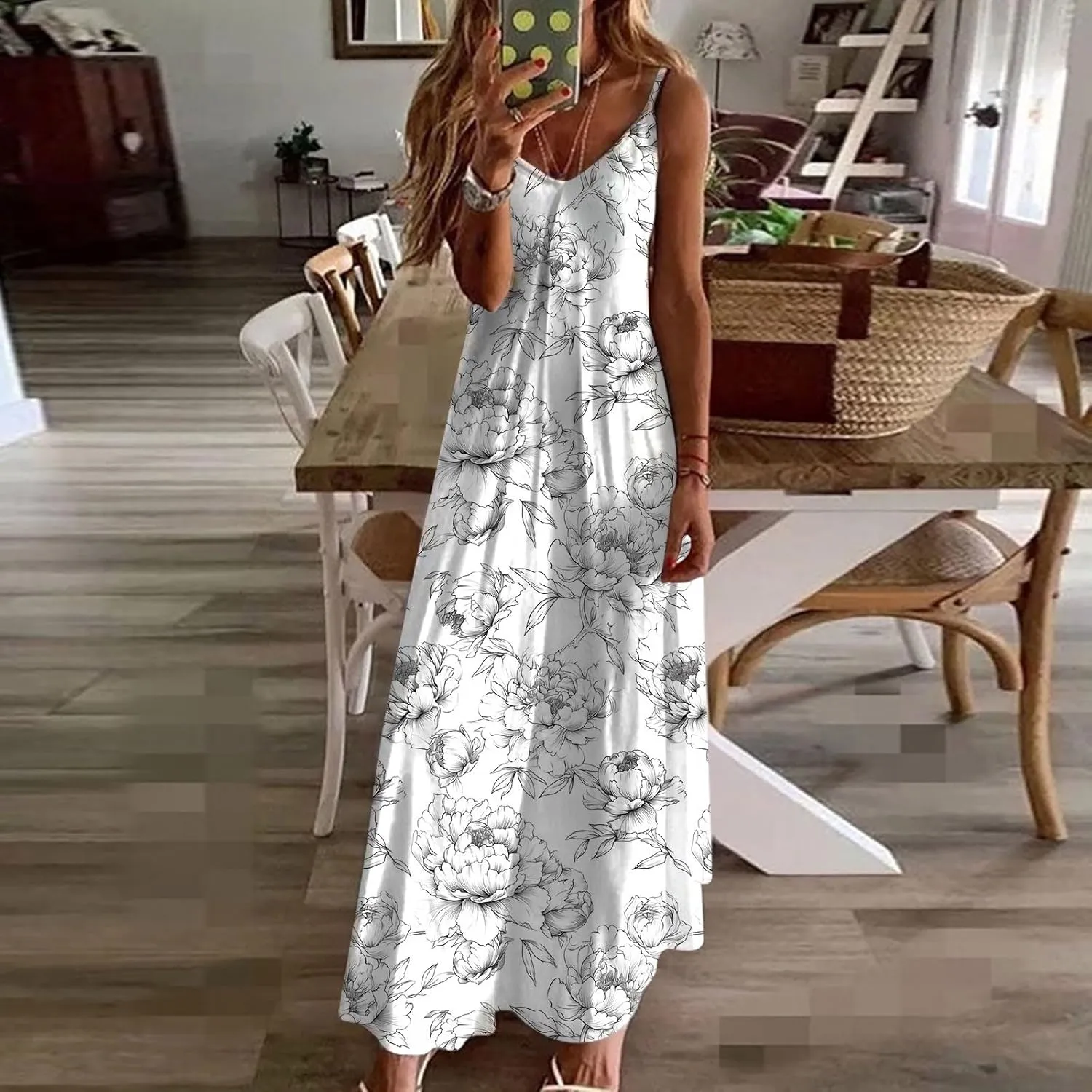 Summer Bohemian Dresses for Women 2024 Sexy Floral Slip Dress Trendy V Neck Maxi Dress Casual Summer Beach Vacation Outfits