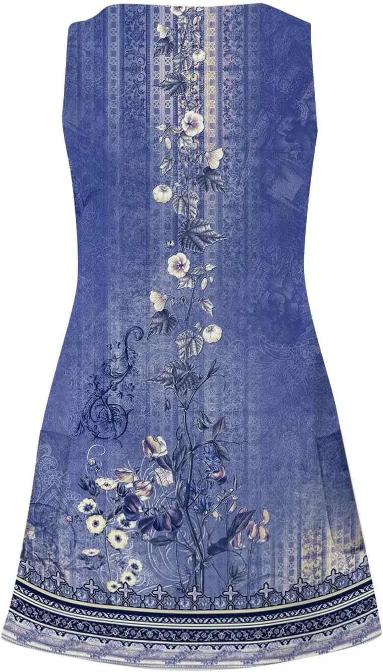 Summer Dresses for Women 2024 Women's Casual Sundress with Pockets Boho Beach Dress Floral V Neck Loose Tank Dresses