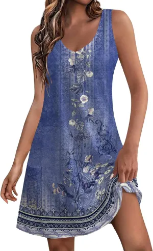 Summer Dresses for Women 2024 Women's Casual Sundress with Pockets Boho Beach Dress Floral V Neck Loose Tank Dresses