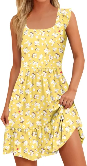 Summer Dresses for Women 2025 Casual Sleeveless Ruffle Flowy Midi Dress Square Neck Tiered Boho Beach Tunic Sundress