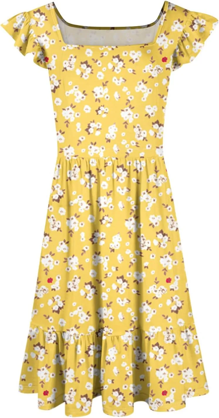 Summer Dresses for Women 2025 Casual Sleeveless Ruffle Flowy Midi Dress Square Neck Tiered Boho Beach Tunic Sundress