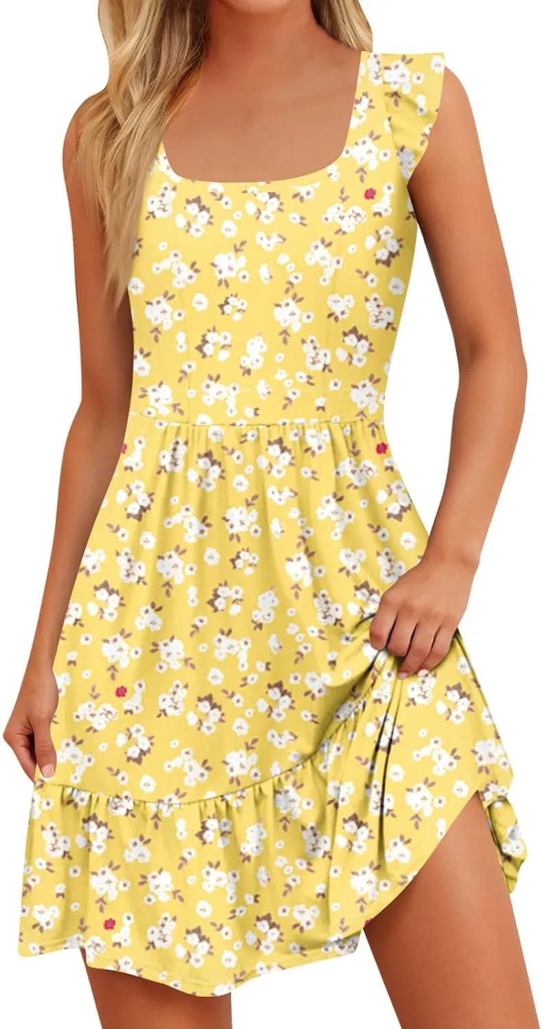 Summer Dresses for Women 2025 Casual Sleeveless Ruffle Flowy Midi Dress Square Neck Tiered Boho Beach Tunic Sundress