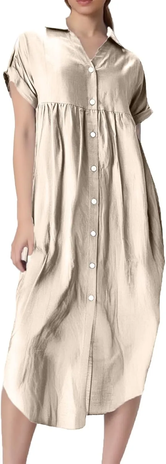 Summer Dresses for Women 2025 Fashion Loose Temperament Casual Solid Color Button Mid-Length Dress