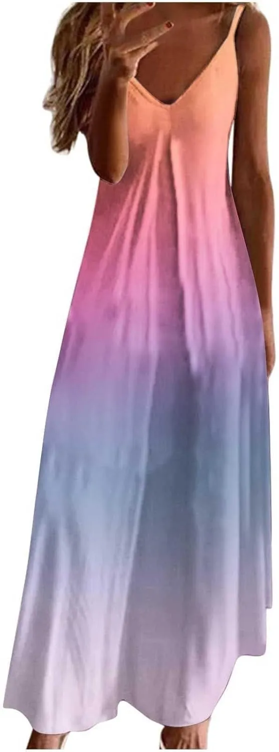 Summer Dresses for Women 2025 Vacation Floral Slip Dress Boho Maxi Sleeveless Dress Casual V Neck Beach Sundresses