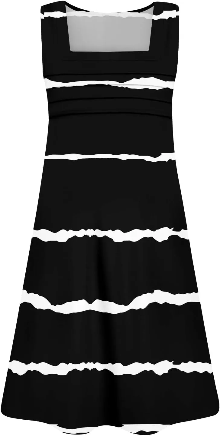 Summer Dresses for Women Sleeveless Casual Sundresses Square Neck Floral Pleated Front Tank Dress Loose T Shirt Dresses