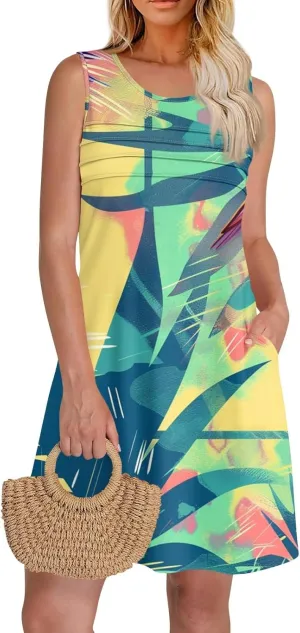Summer Dresses for Women Sleeveless Mini Dresses Beach Floral Tshirt Sundress Casual Pockets Boho Tank Dress