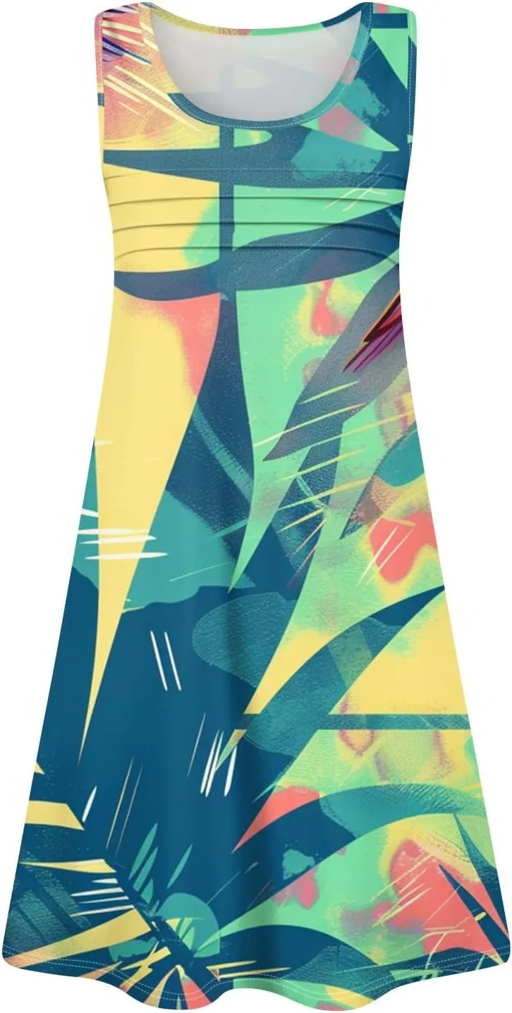 Summer Dresses for Women Sleeveless Mini Dresses Beach Floral Tshirt Sundress Casual Pockets Boho Tank Dress