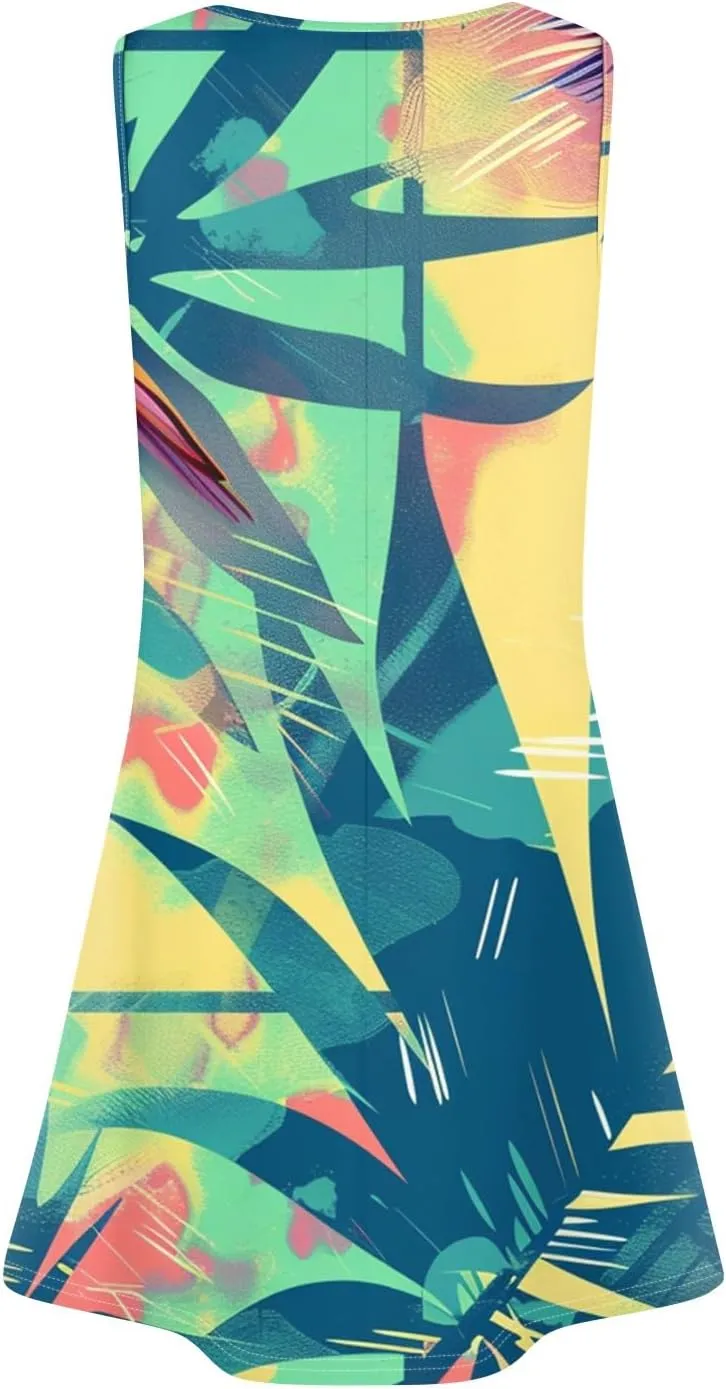 Summer Dresses for Women Sleeveless Mini Dresses Beach Floral Tshirt Sundress Casual Pockets Boho Tank Dress
